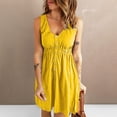 thumbnail image 3 of RYRJJ Women's Casual Sleeveless T-Shirt Dresses Summer V Neck Button Down Elastic Waist A-Line Swing Short Dress(Yellow,L), 3 of 5