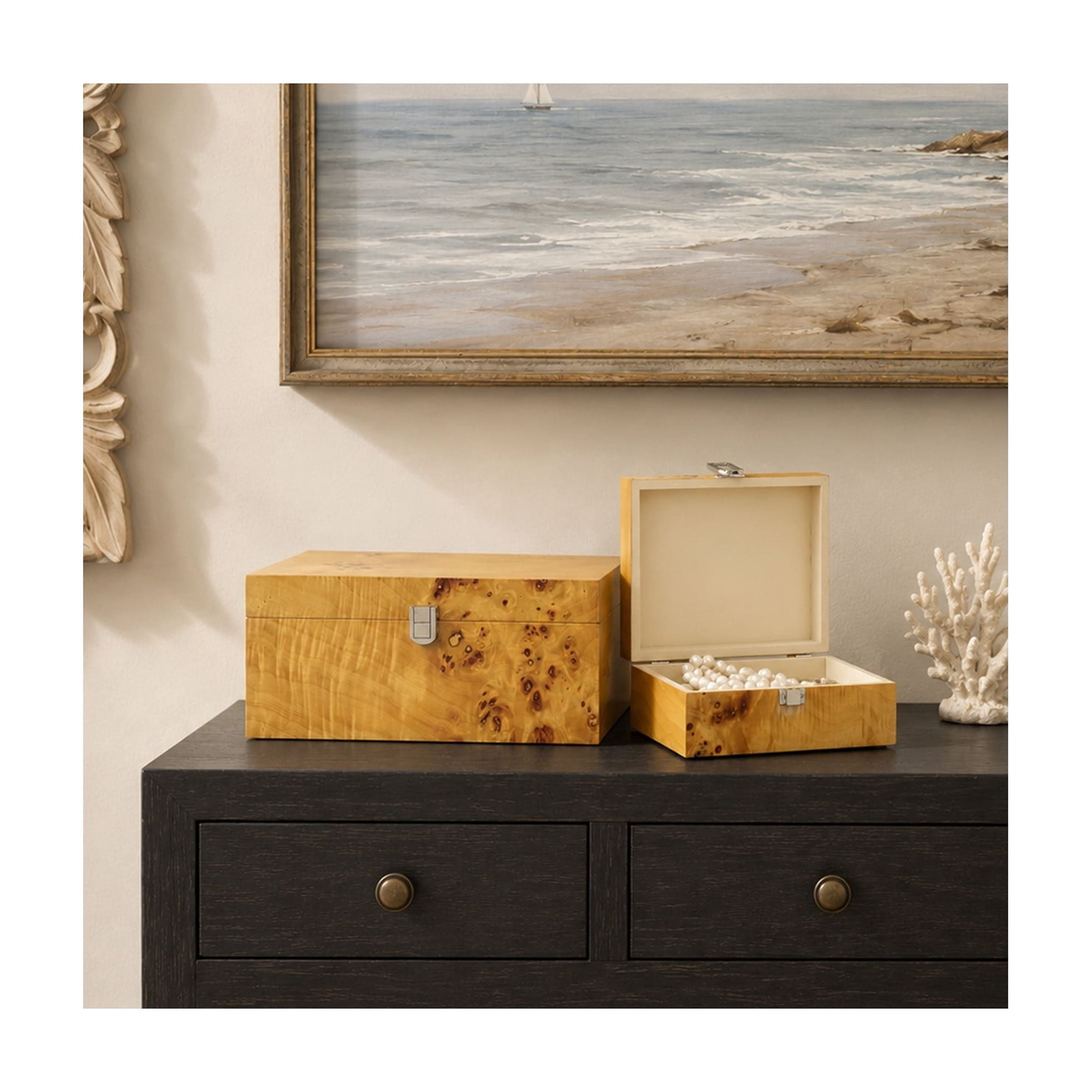 DecMode Storage Brown Wood Decorative Box with Natural Wood Grains and Silver Latches, 2 Count