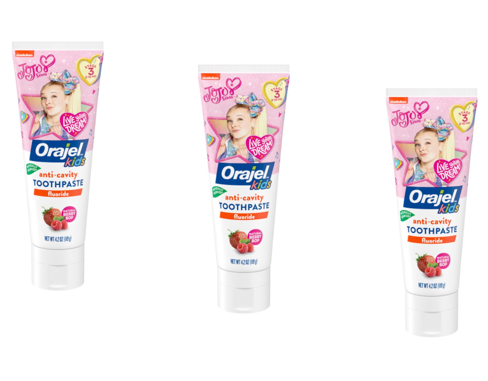 Orajel Kids JoJo Siwa Anti-Cavity Fluoride Toothpaste, Natural Berry Bop Flavor, 4.2oz Tube Pack of 3