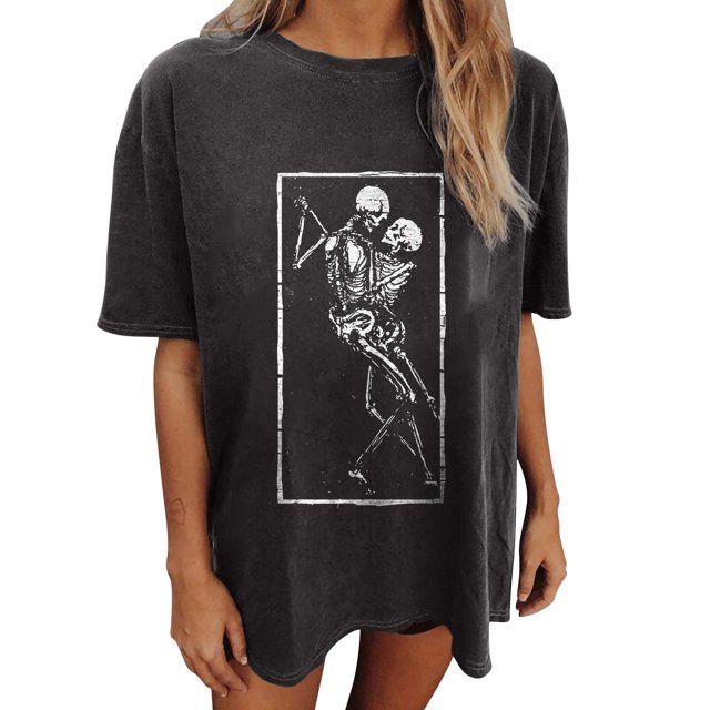 Blusa de manga corta con estampado de luna y sol de calavera con mangas caídas vintage para mujer Pompotops hfajkhk124894