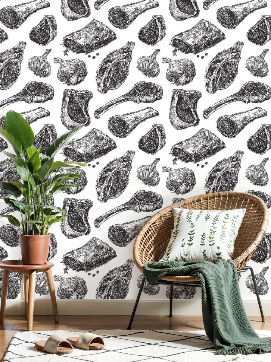 Peel and Stick Wallpaper meat drawing Hand drawn beef steak pork ham Wall Mural 17.7in x 9.8ft Self Adhesive Removable Wall Paper Renter Friendly Wallpaper for Bedroom Nursery