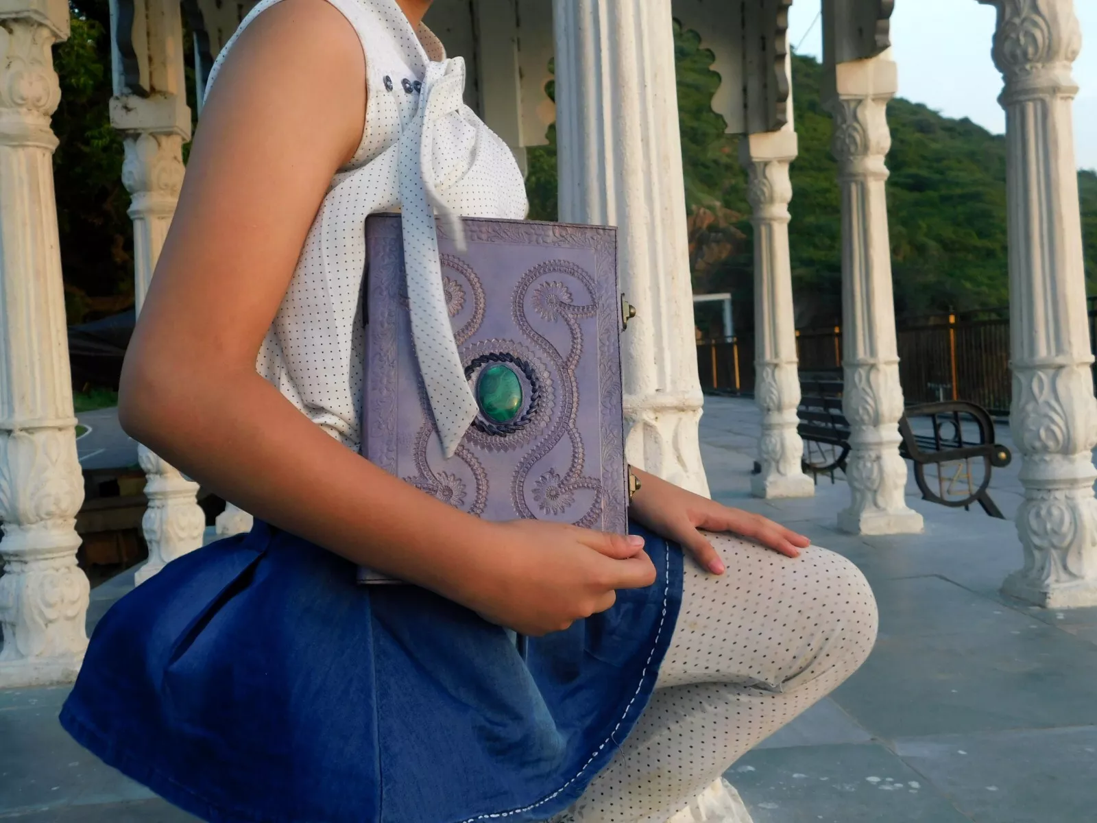 Handcrafted Embossed Design Vintage Leather Bound Journal Diary Malachite Stone Blank Notebook For Men & Women