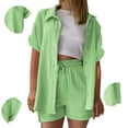 thumbnail image 2 of GILIGEGE 2 Piece Linen Set for Women Women's Fashionable and Casual Solid Color Double Layer Wrinkled Single Pocket Short Sleeve Top Shorts Set Button Down Shirts and Shorts Beach Outfit Sets, 2 of 9