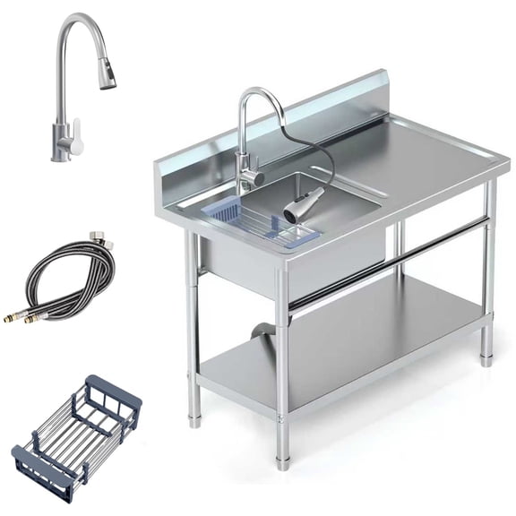 Stainless Steel Utility Sink Freestanding Single Bowl Laundry Sink with 360° Swivel Pull-Out Sprayer Faucet, Hot and Cold Water Plumbing Workbench for Laundry Room Farmhouse