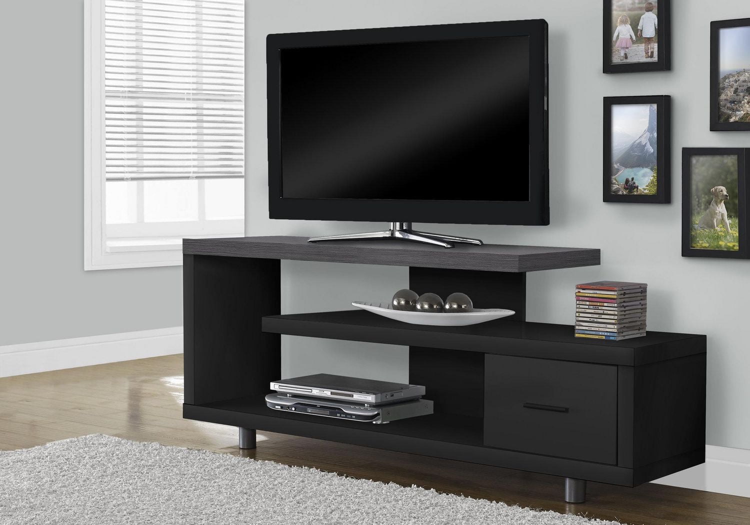 Monarch Specialties Tv Stand, 60 Inch, Console, Media Entertainment Center, Storage Cabinet, Living Room, Bedroom, Laminate, Black, Grey, Contemporary, Modern
