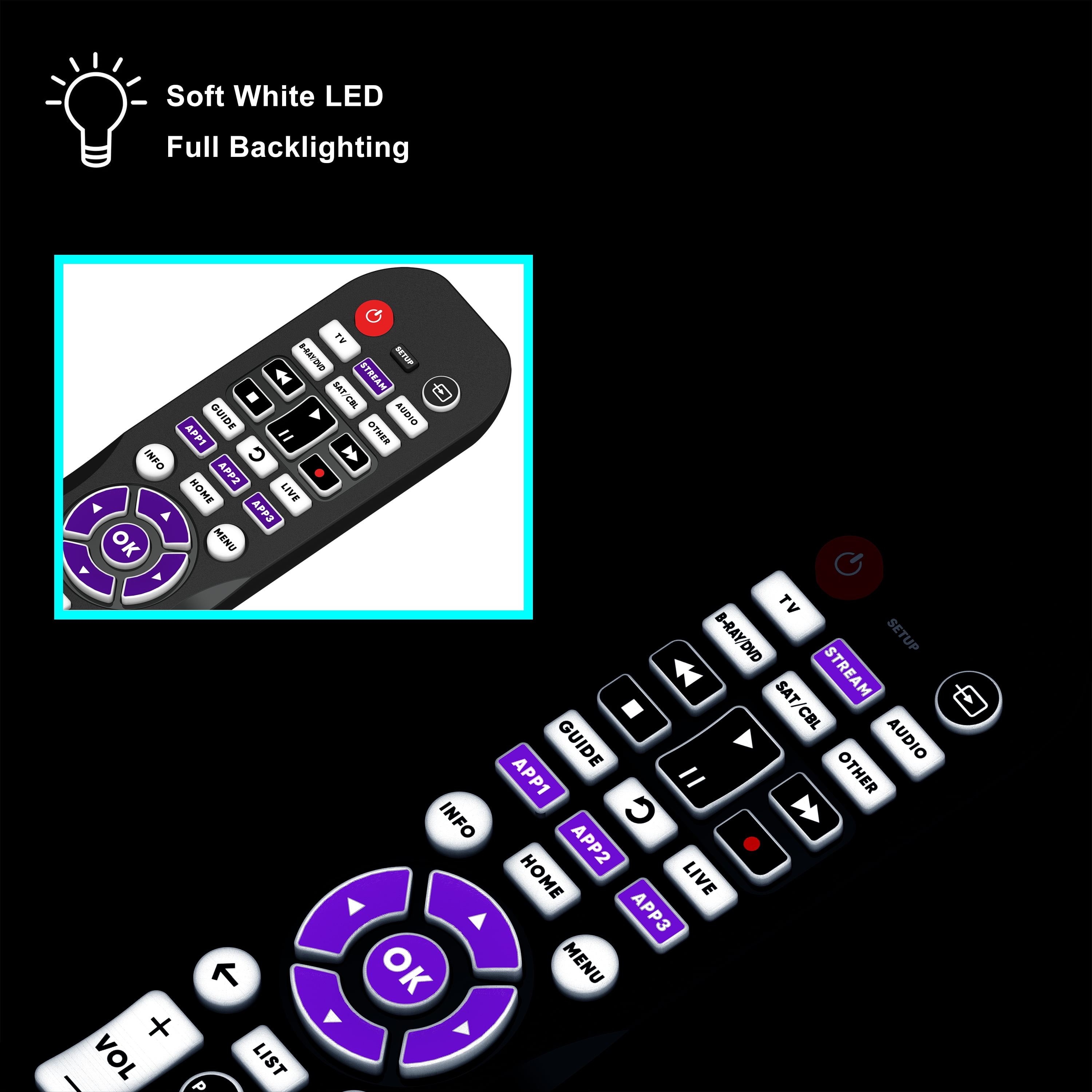 onn. Universal 6-Device Remote, Black, Compatible for TV, DVD, Streaming, Audio, Soundbar