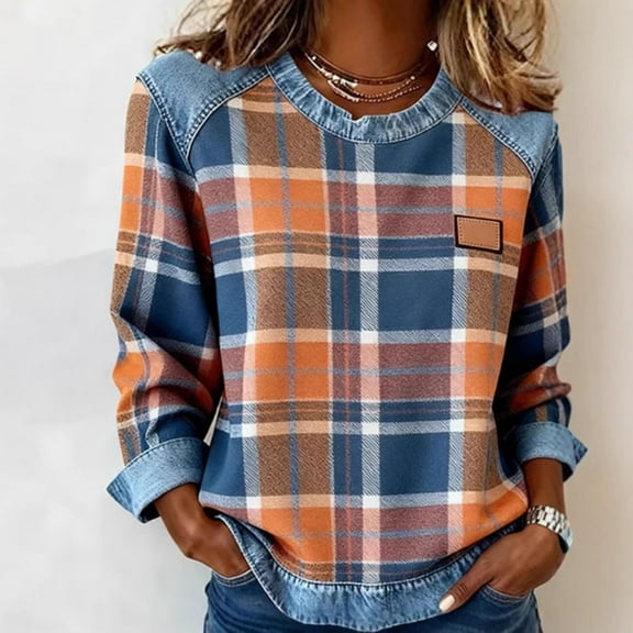 Uootdi Plaid Long Sleeve Shirtsfor Women Crewneck Color Block Sweatshirt Casual Loose Fit Pullover Tops Fashion Fall Outfits Gift