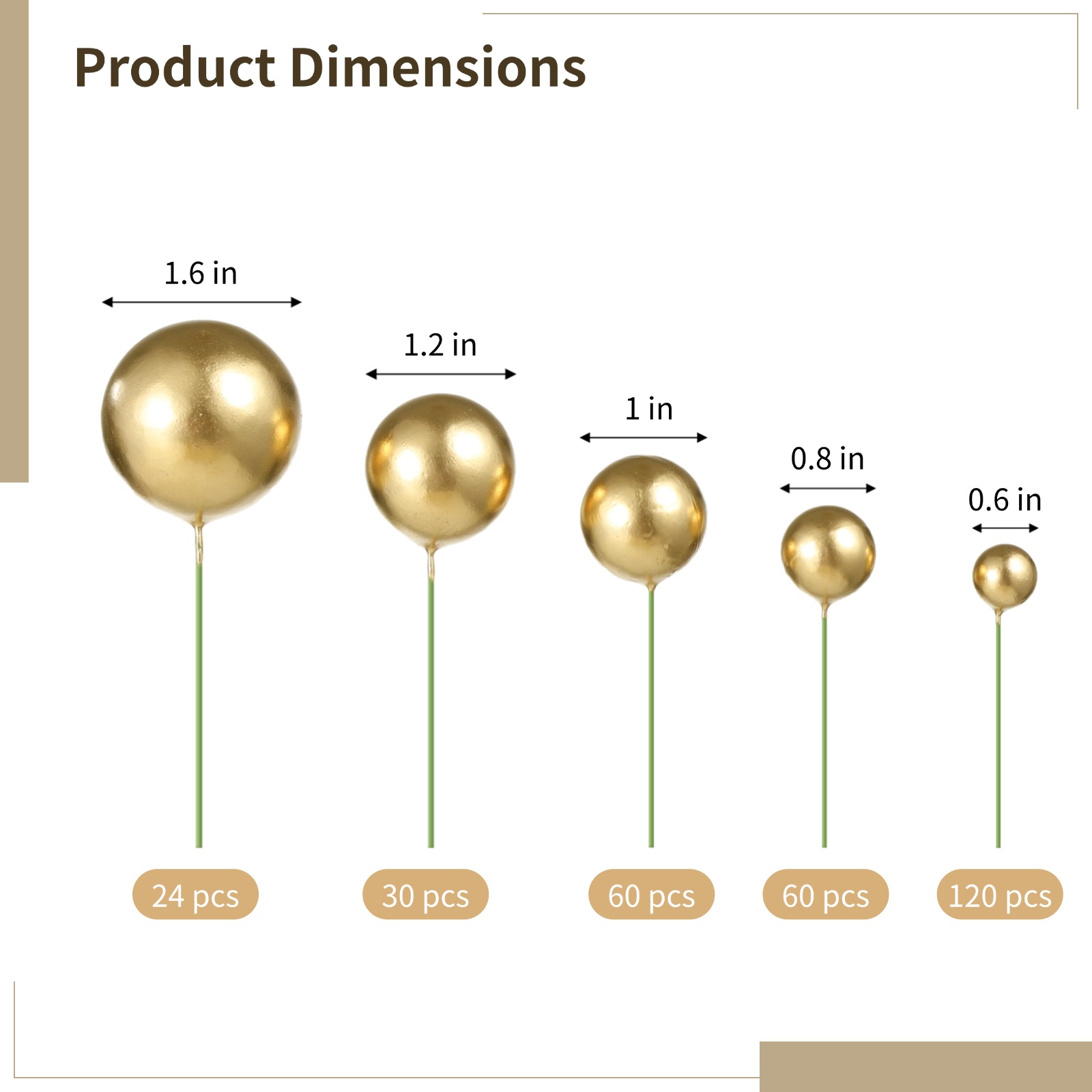 324 Pcs Gold Ball Cake Toppers - Mini Balloons Cake Toppers | Assorted Size Balls Cupcake Decorations, Plastic Food-Safe Globose DIY Cake Insert Topper for Wedding Birthday Shower Anniversary