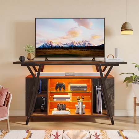 Bestier LED TV Stand with Power Outlets for TVs up to 65 Console Table with Open Storage Walnut