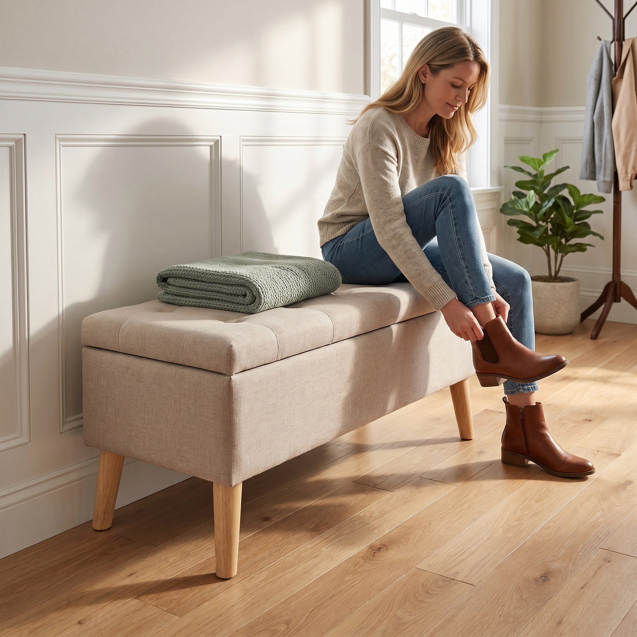 32" Wide Square Storage Ottoman Bench with Inner Storage Space, Upholstered Footrest & Bed End Bench, Multi‑Functional for Living Room, Bedroom