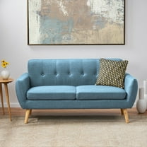 Sheena Mid Century Modern Fabric Tufted Sofa, Blue and Natural Oak