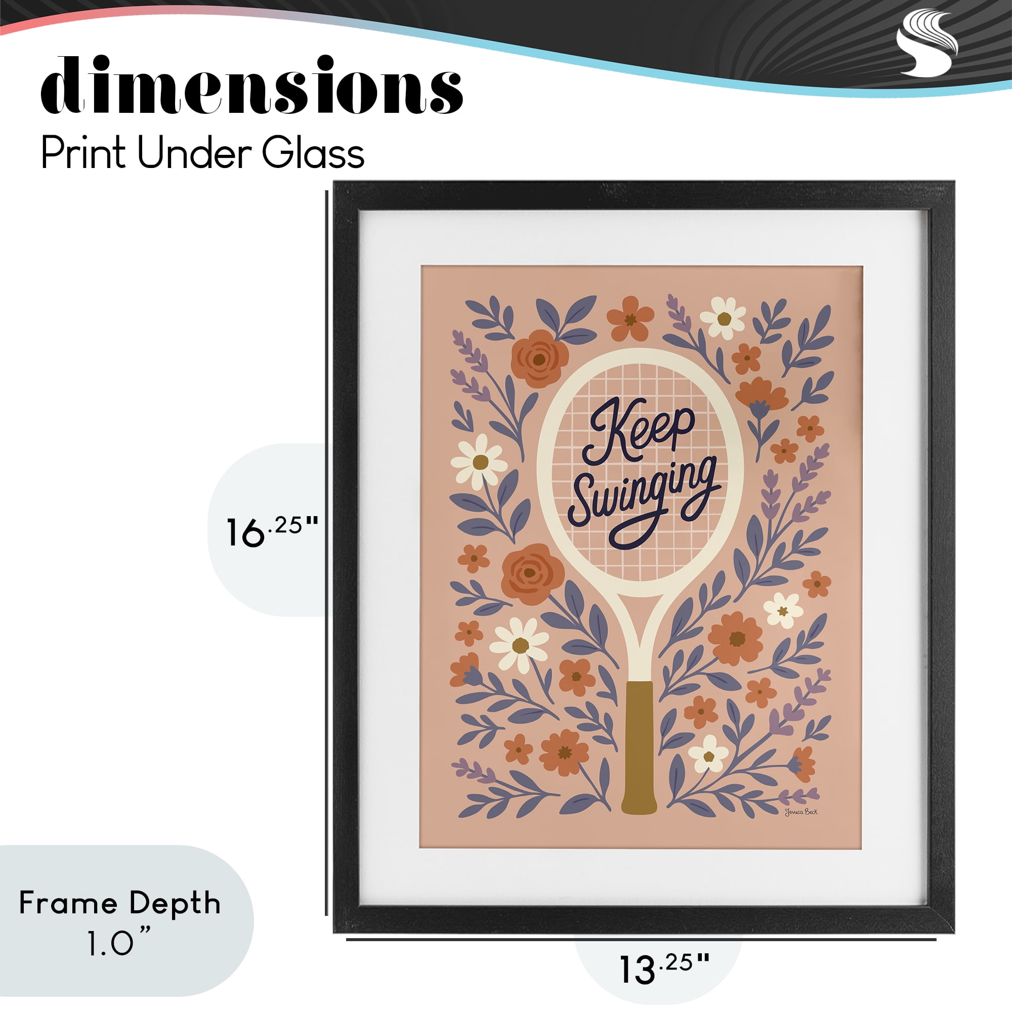 Stupell Industries Keep Swinging Floral Tennis Black Framed Print Under Glass, design by Jessica Beck