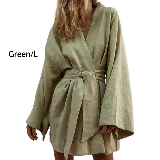 ziyahi Cotton Linen Women Night Dress Long Sleeve Solid Color Adorable Slimming Casual Ladies Sleepwear Night robe Nightclothes Green L Walmart