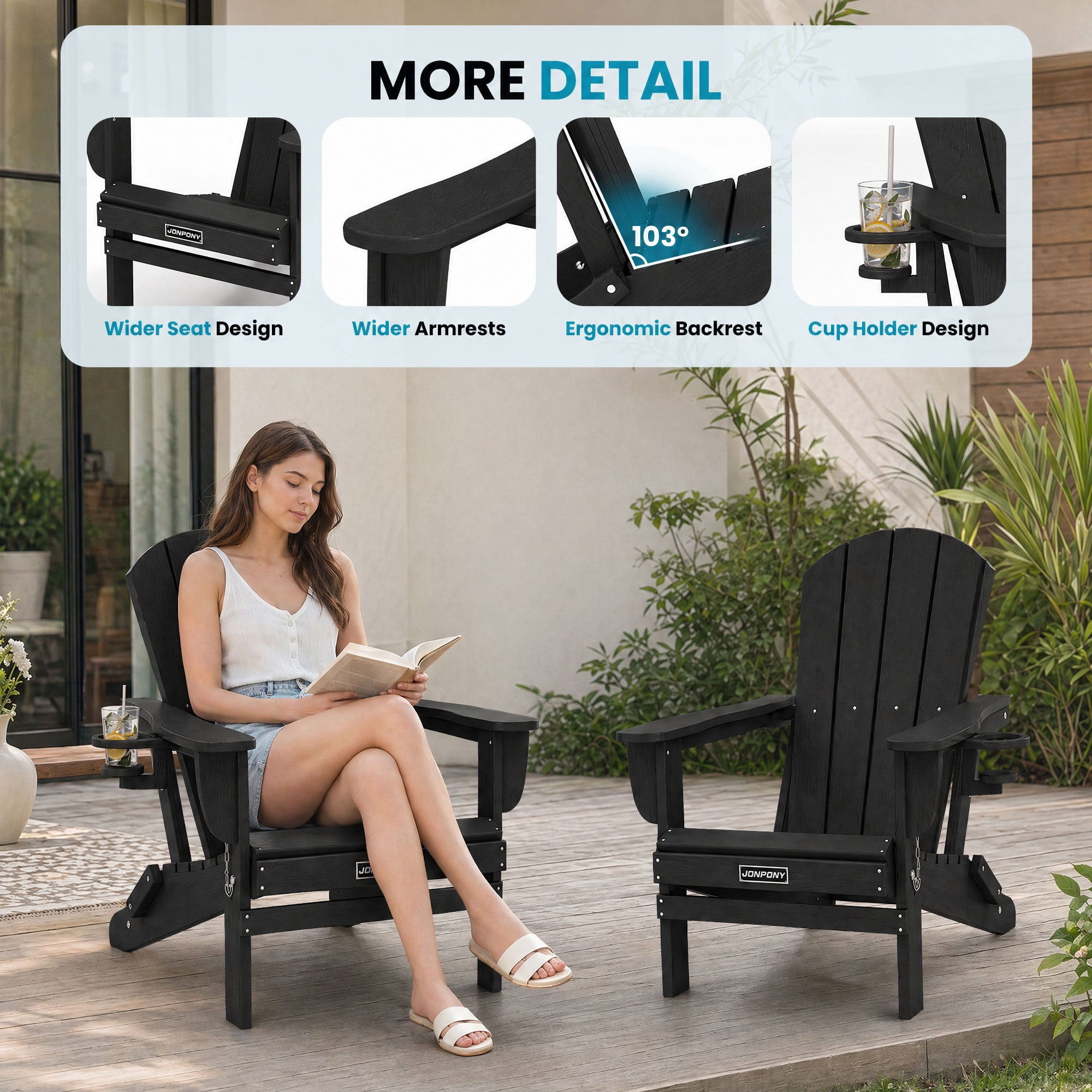 JONPONY Folding Adirondack Chair - HDPE All-Weather Outdoor Chairs, Patio Chairs Outdoor Wood Like Adirondack Chair for Backyard, Camping, Pool & Fire Pit,Black