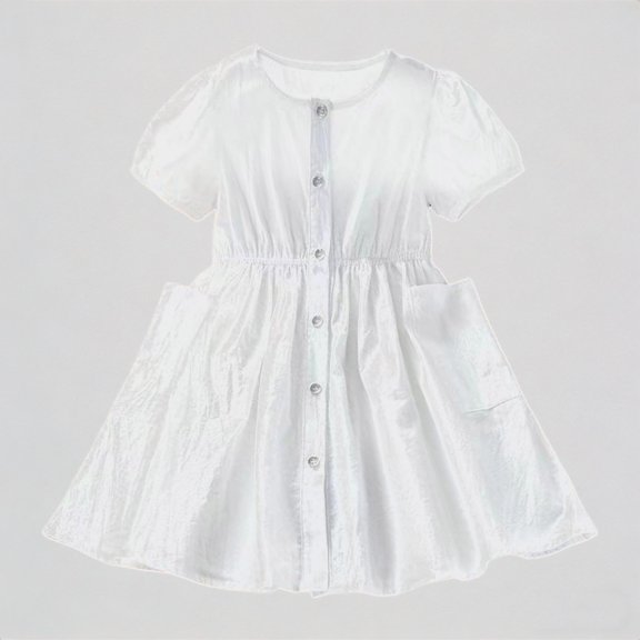 REDARER Girls' Short Puff Sleeve Button-Front Dress, Cotton A-Line Shirt Dress with Pockets, Summer Casual Playwear Dress for Kids,1-2 Years