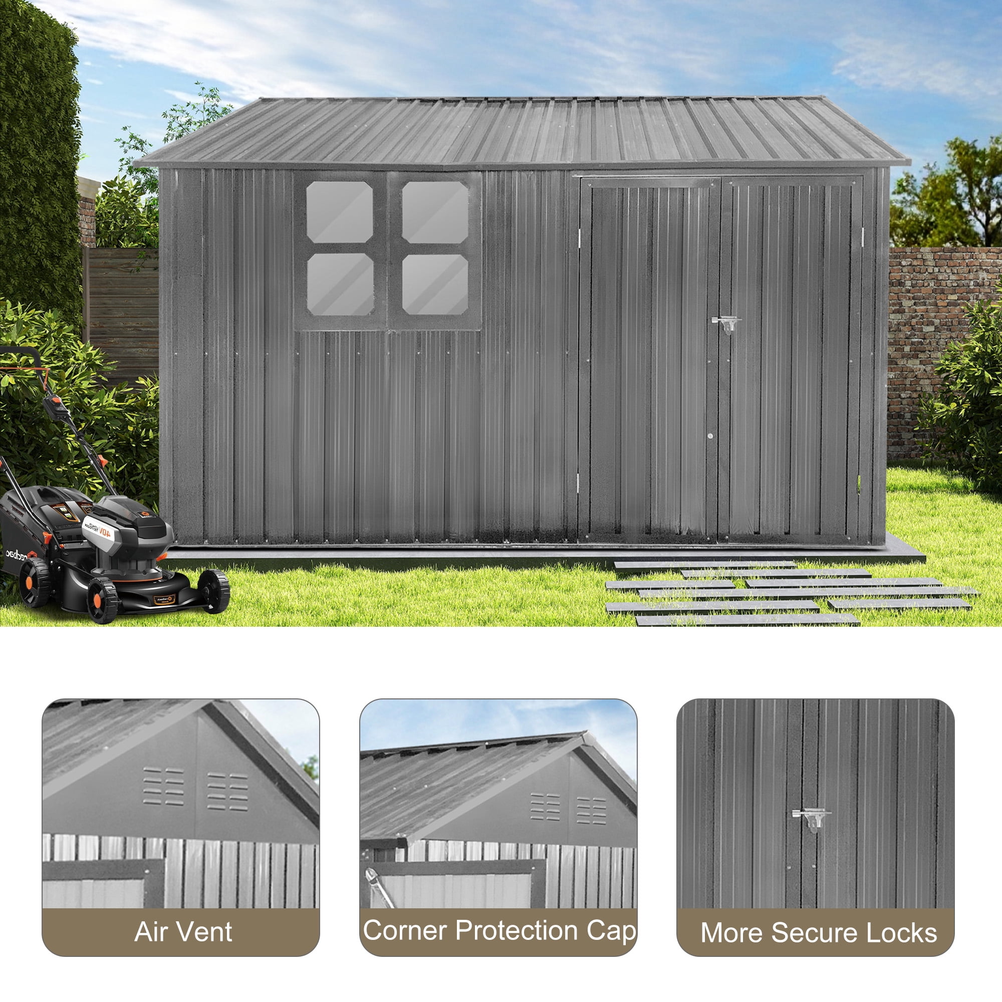 Aukfa 10FT x 8FT Outdoor Storage Shed, Metal Shed Storage with Window, Roof Slope Tool Shed with Door and Padlock for Backyards, Patio Lawns and Outdoor, Gray