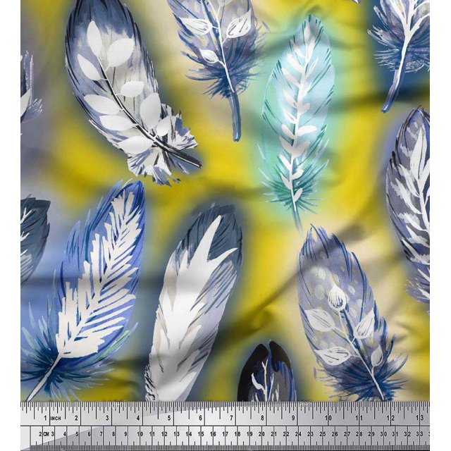 Soimoi Moss Georgette Fabric Leaves & Feather Decor Fabric Printed Yard 42 Inch Wide
