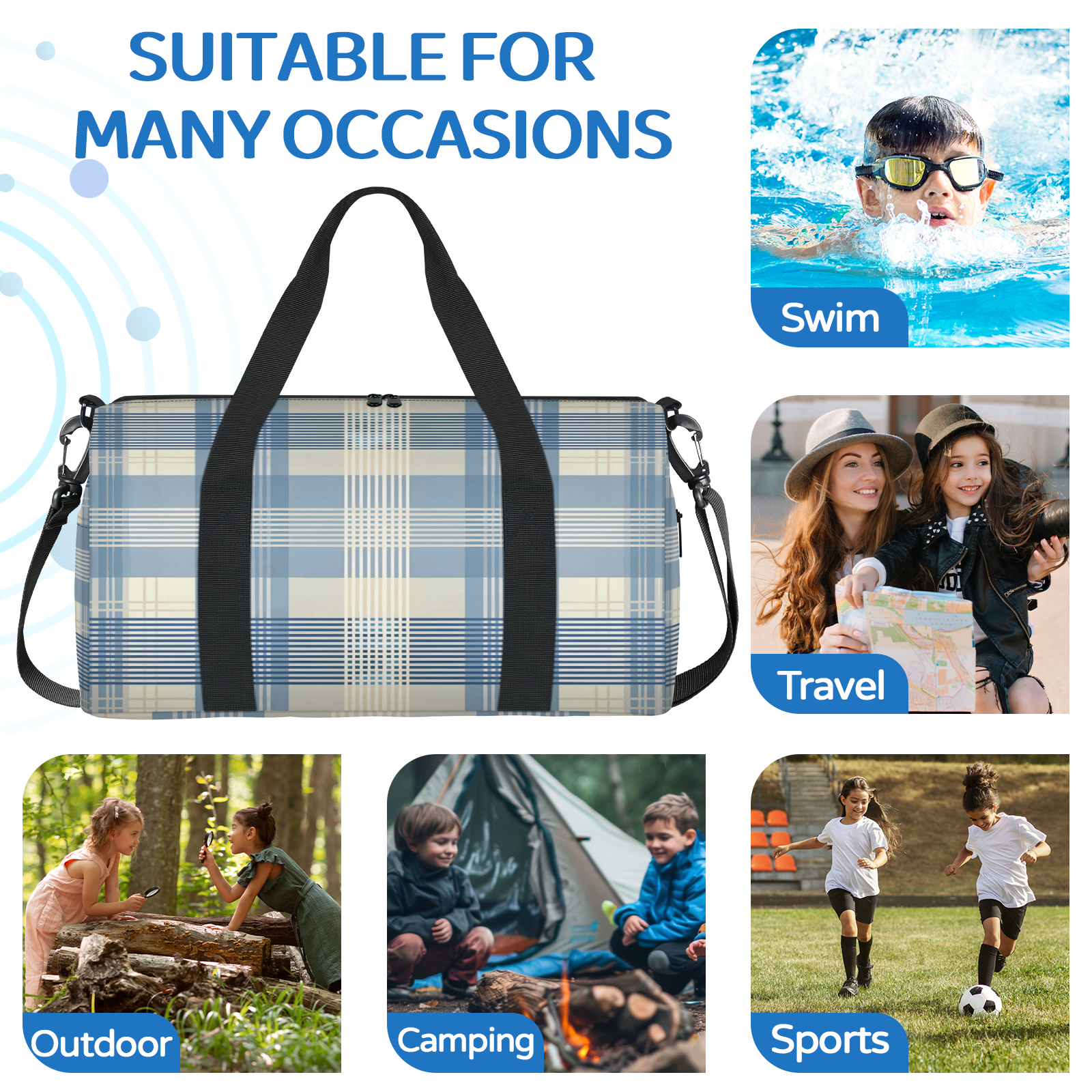 Herdesigns Plaid Blue Check Gym Bag for Women, Duffle Bag for Travel Sport, Lightweight Waterproof Carry on Weekender Overnight Dance Yoga Workout Bags
