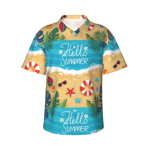 Fotbe Hello Summer1 Camisa Hawaiana para Hombre Unisex – Camisa Casual de Verano con Botones de Manga Corta de Algodón y Lino,X-Large