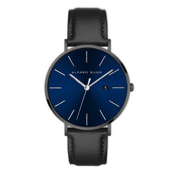 Alfred Sung Metropolitan Montre avec Date, Cadran Bleu, Boîtier Noir, Bracelet en Cuir Noir