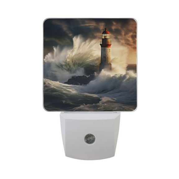 Lighthouse and Violent Waves Night Light 2 Pack LED Nightlight Plug into Wall Dusk to Dawn Sensor Soft White