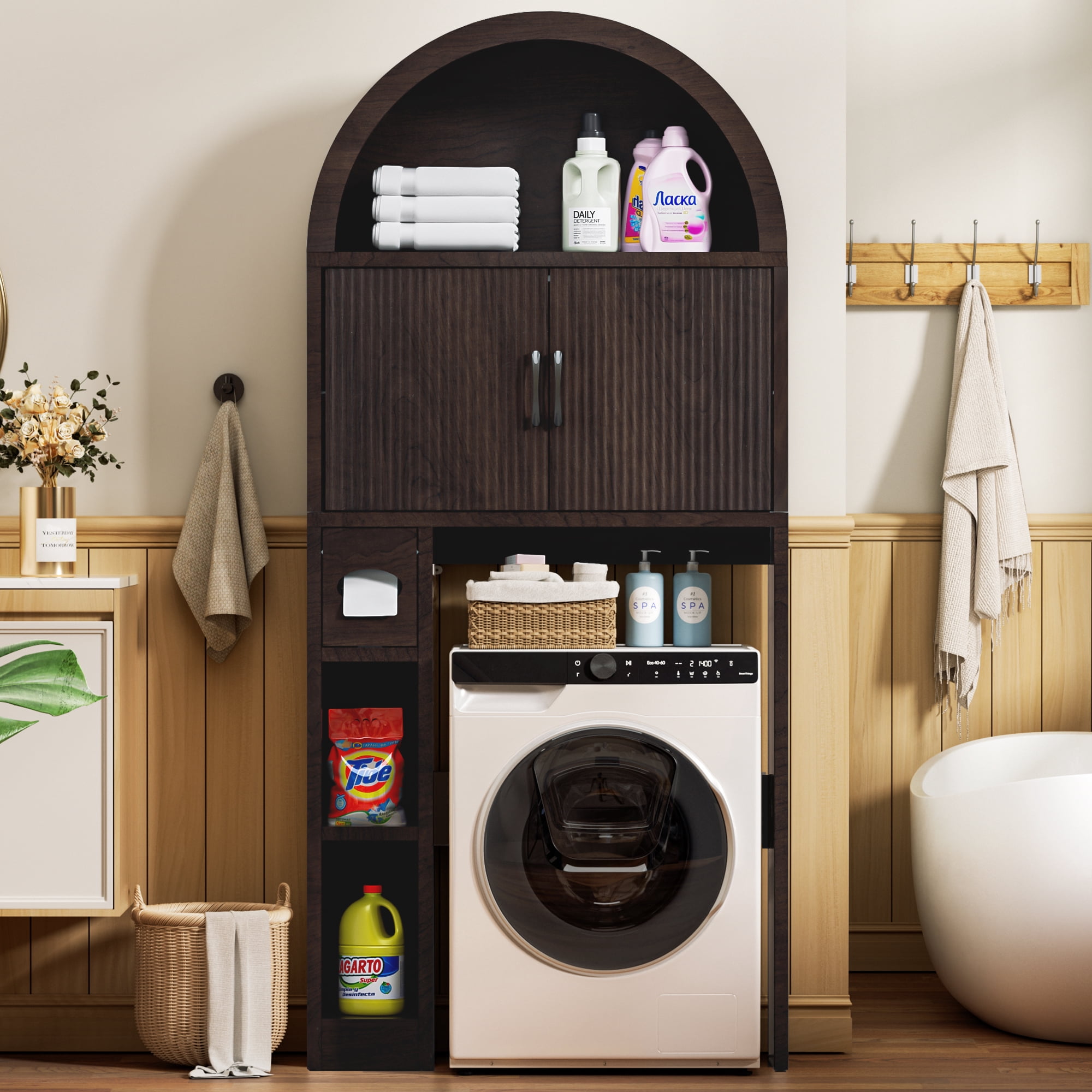 AHB Over Toilet Storage Cabinet with Arc Design, Freestanding Bathroom Organizer with Doors, 7.7"D x 30.5"W x 67.7"H, Coffee Color