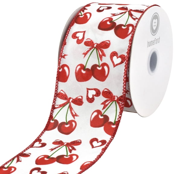 Homeford Valentine's Heart Shaped Cherries Wired Ribbon, 2-1/2-inch, White/Red, 10-yard