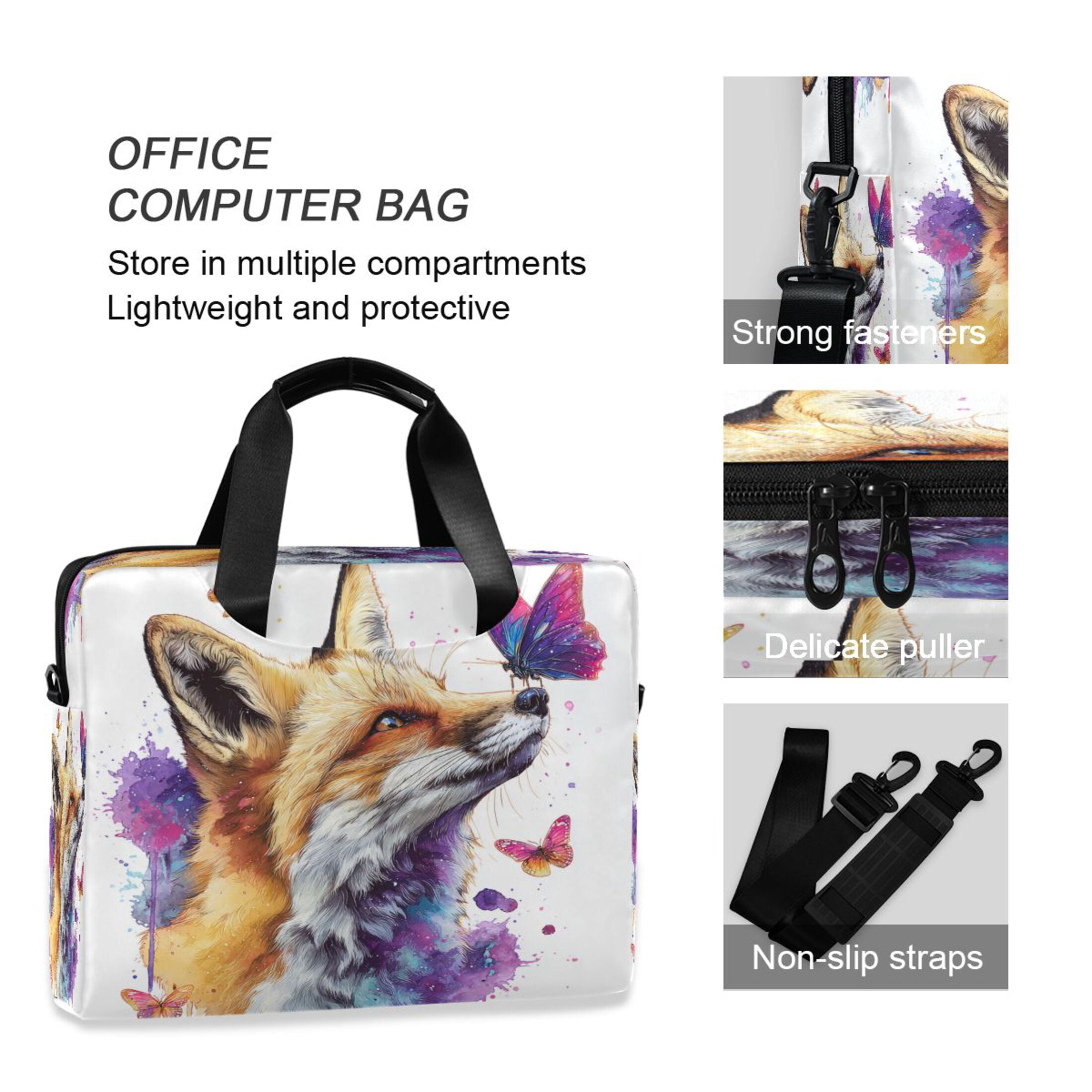 16" Laptop Tote Bag Laptop Sleeve Case Computer Briefcase for Work & Travel Fox and Butterflies