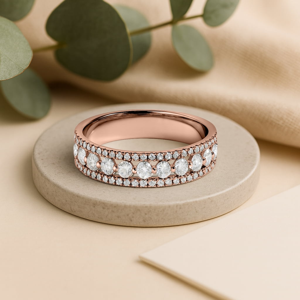 JeenMata Double Pave - 0.75 Carat Round Brilliant Cut Moissanite - Eternity Anniversary Ring - 18K Rose Gold Plating for Women