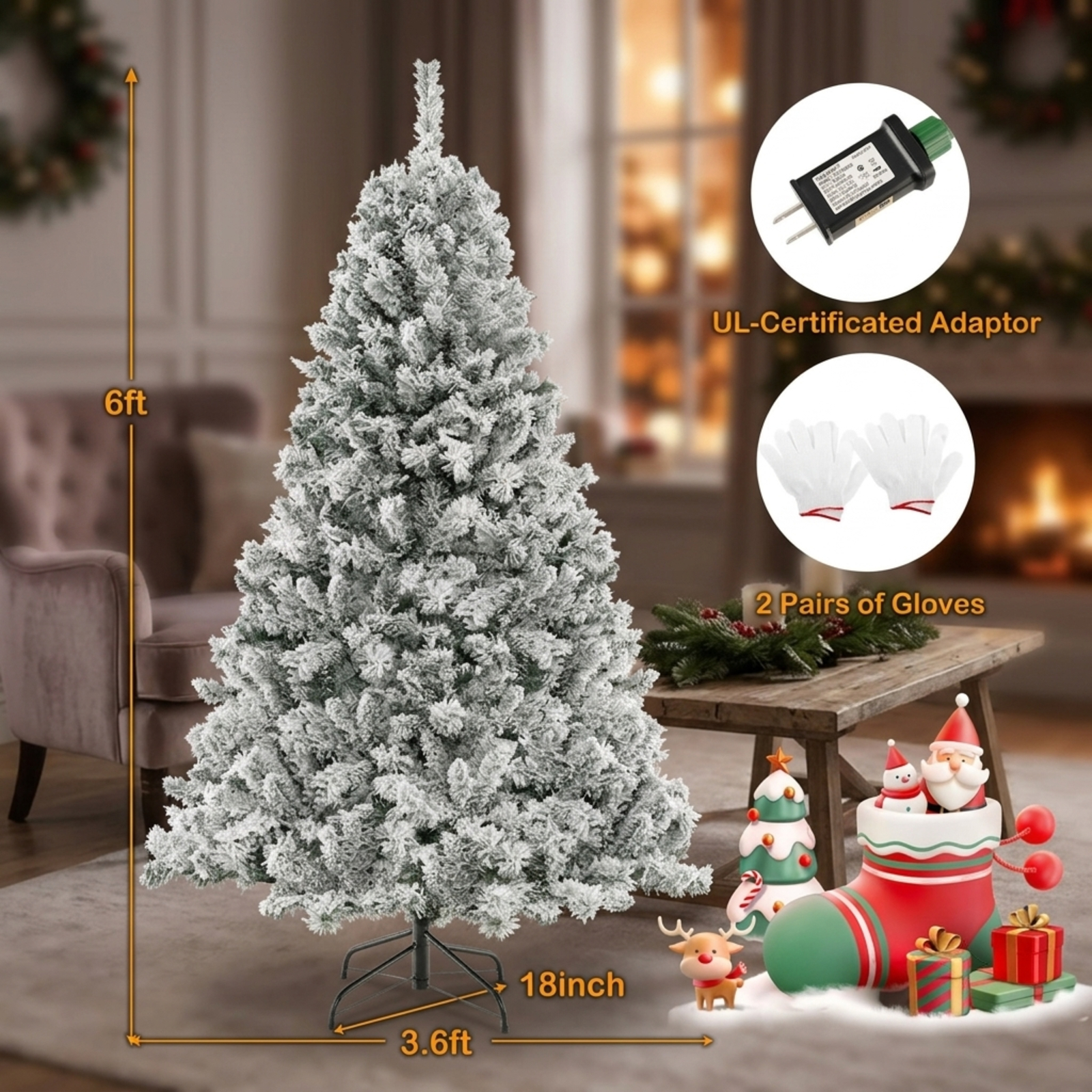 RUIE 6 ft Flocked Artificial Christmas Tree, Pre-Lit Green White Xmas Tree with 300 LED Lights, 644 Branch Tips, 3-Minute Shape