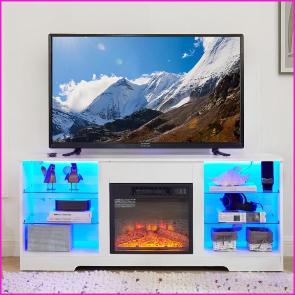 TV Furniture Modern 2-in-1 Electric Fireplace TV Stand with USB, Glass Shelves, Fits Up to 62” TV | White | MDF