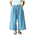 thumbnail image 3 of Simua Women's Wide Leg Faux Linen Pants Solid Color Elastic Waistband Button Cropped Baggy Trouser with Pockets, 3 of 7