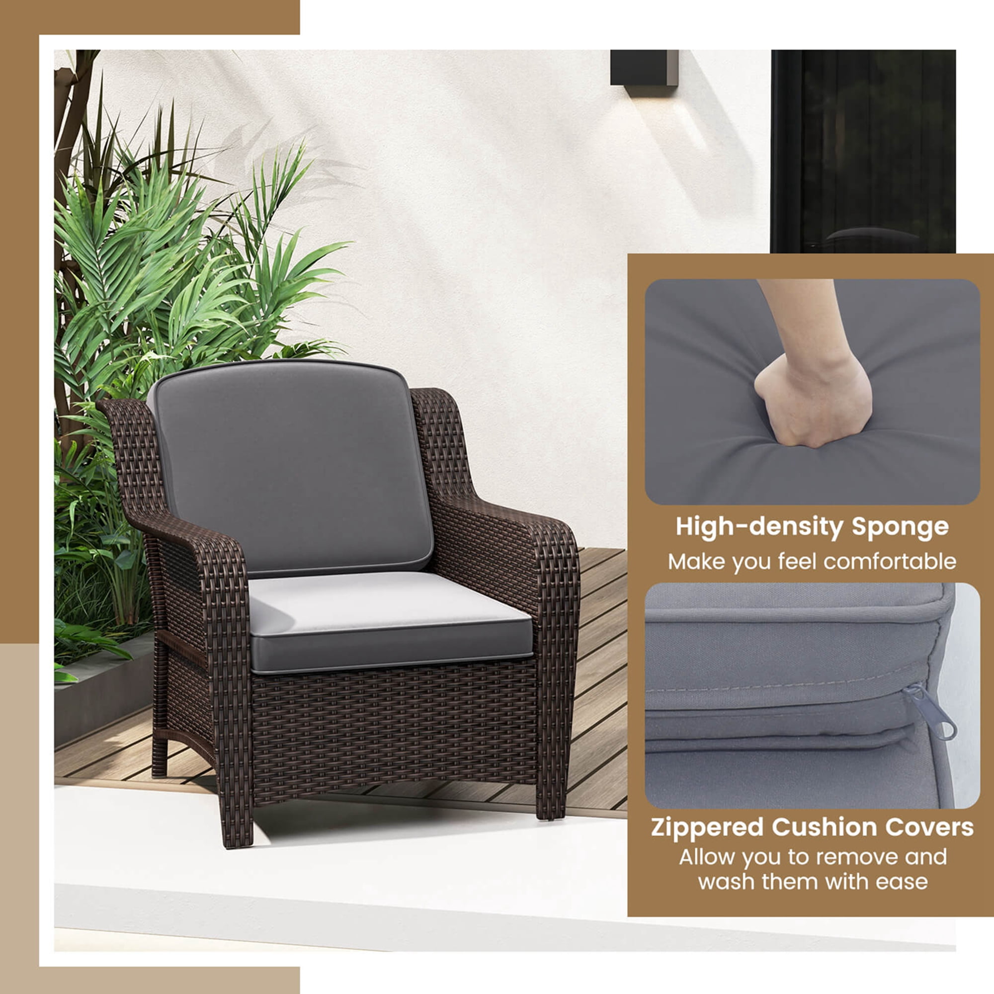 Costway 3 PCS Outdoor Patio Furniture Set with Cushions and Tempered Glass Coffee Table