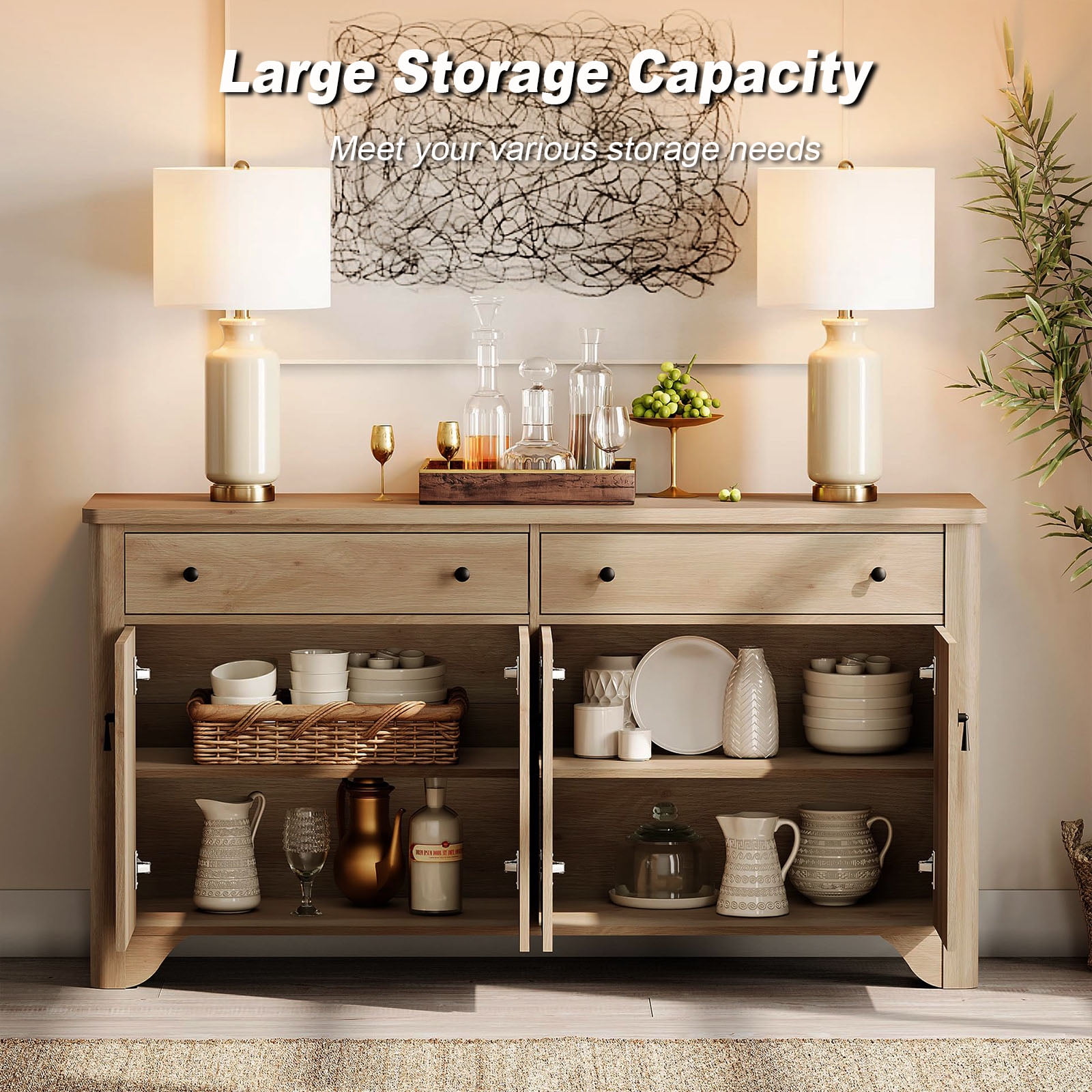 3PCS Farmhouse 122"W Large Sideboard Cabinet, 59" Sideboard with 4 Doors and 2 Drawers & 3-Drawer Storage Cabinets Set of 2 for Dining Room, Living Room, Kitchen, and Bedroom