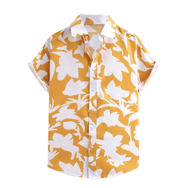 Camisas Manga Larga Hombre Camisa de manga corta con solapa y hebilla de bolsillo con impresión digital 3D para hombre (Yellow, XXL)