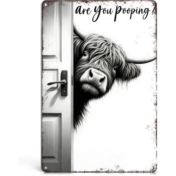 Vintage Highland Cow Decor Metal Signs - Highland Cow Gifts "Are You Pooping?" Funny Bathroom Wall Art for Scottish Highland Cow Lovers 8x12 Inch