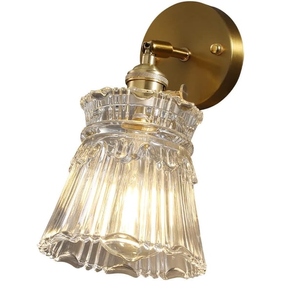 Pattern Glass Wall Sconce Nordic Brass Wall Mount Light Indoor Hardwired Wall Lamp, Bedroom Bedside Living Room Decor E27 Wall Sconces Single Headboard Lighting Fixture