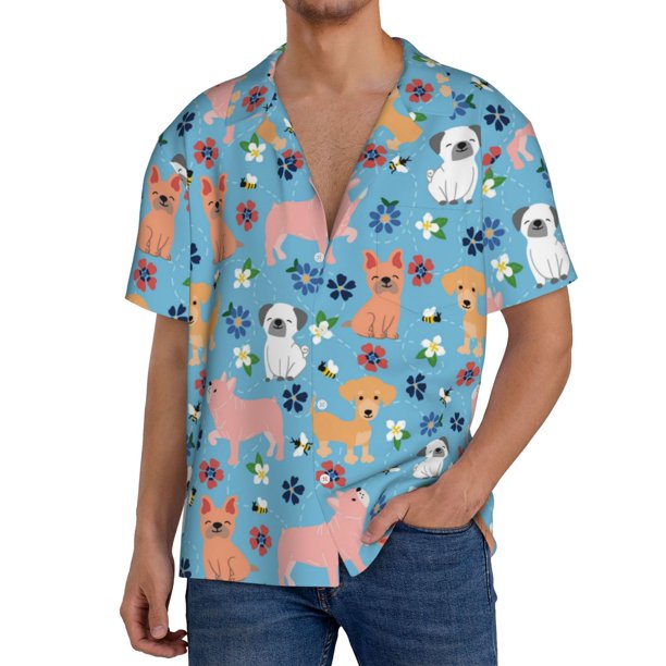 Fotbe Cute Dog Camisa Estampada de Manga Corta para Hombre, Casual de Verano, Estilo Playero, Sin Arrugas-Large