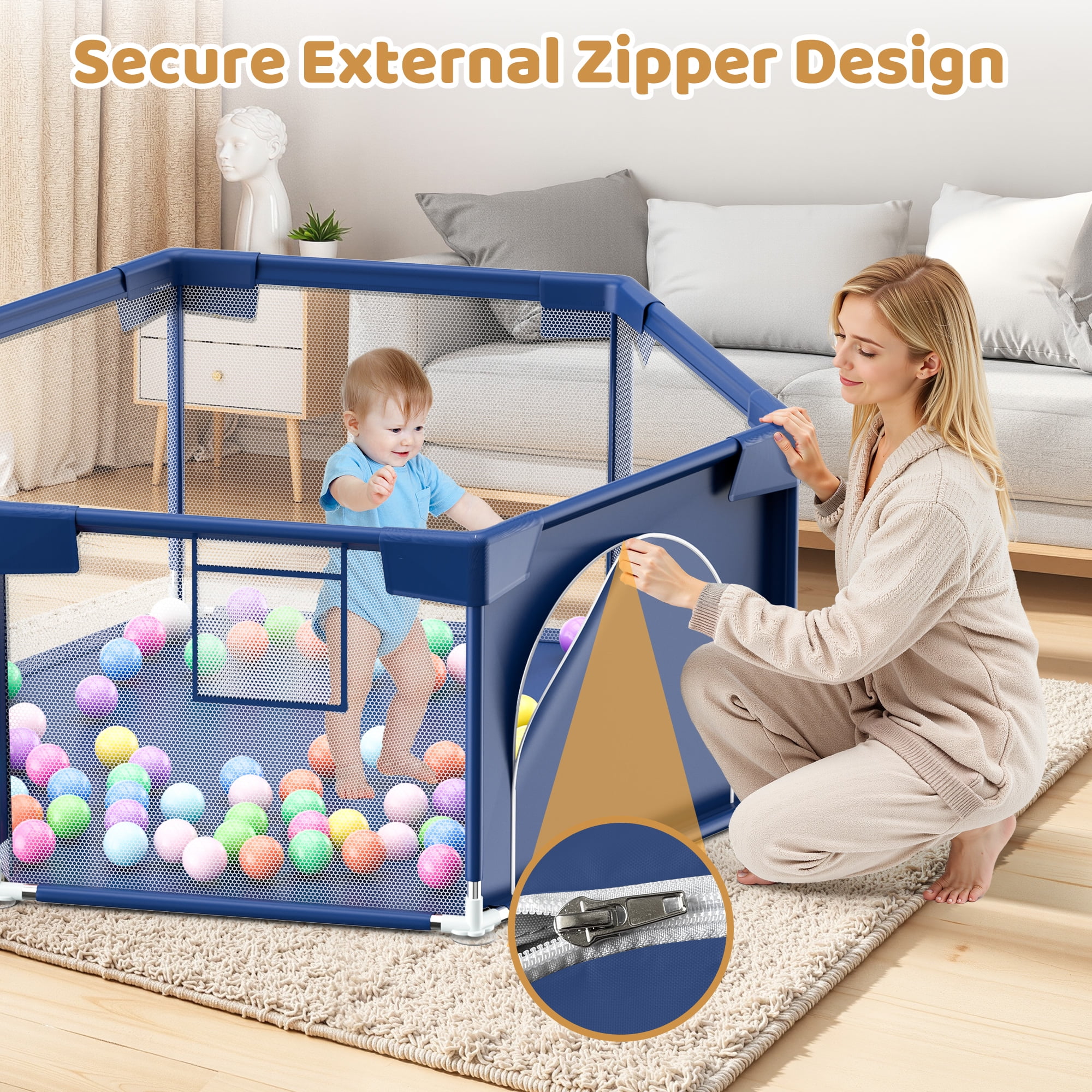 babyeap 50 Inch Baby Playpen,Hexagonal Toddler Playpen,Navy Blue