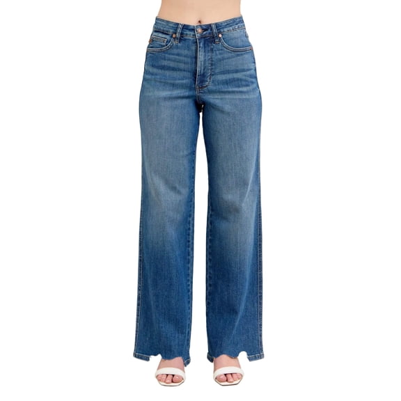 Judy Blue Full Size High Waist Tummy Control Chew Hem Destroy Wide Jeans Plus Size