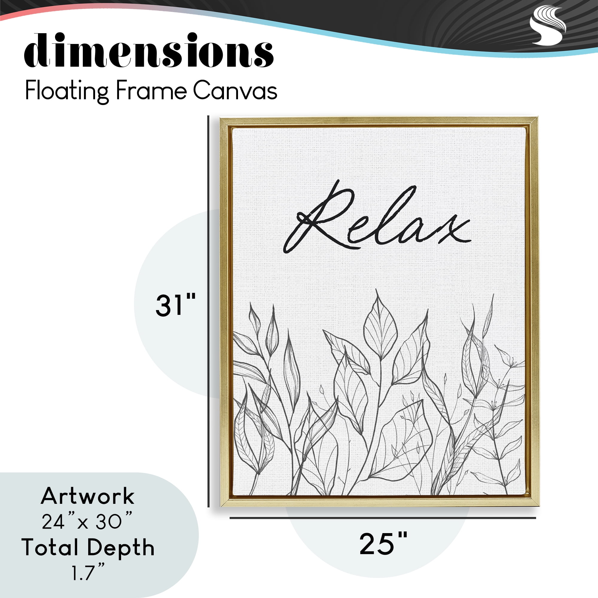 Relax with Leaf Outlines Gold Framed Floater Canvas Wall Art, design by Lettered and Lined