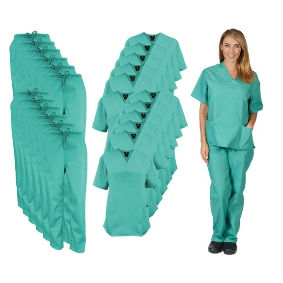 M&M SCRUBS Women Scrub Set V-Neck Medical Scrub Tops and Drawstring Pants - Pack of 12 Set (Sergical Green, XX-Small)