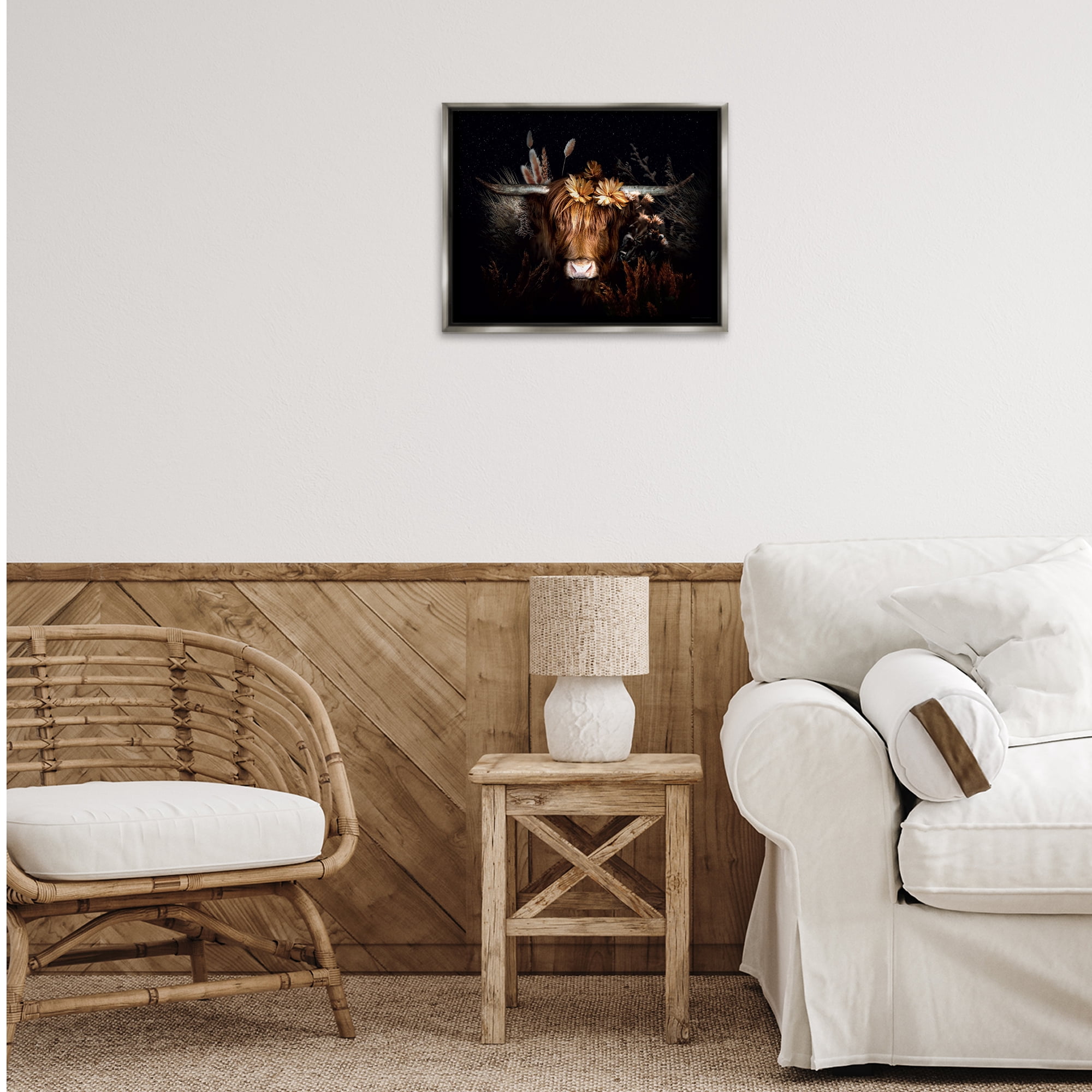 Stupell Industries Shadowed Cattle & Botanicals Animals Painting Gray Floater Framed Canvas Art Print Wall Art, 21 x 17