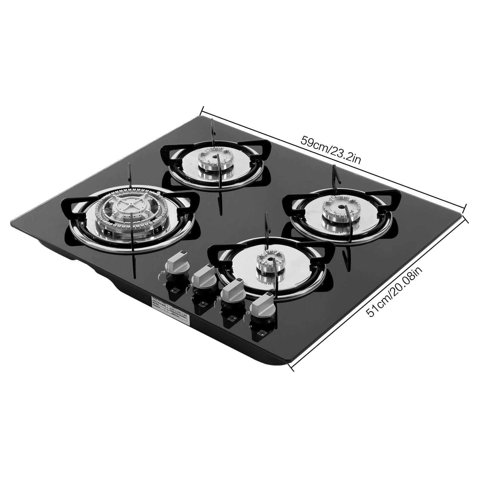 Modern Black Built-In 4 Burner Gas Stove Gas Cooktop 23.2 Inch Gas Stove Top Aluminum Alloy 23.23*20.08in for Home Kitchens, Restaurants, Hotels