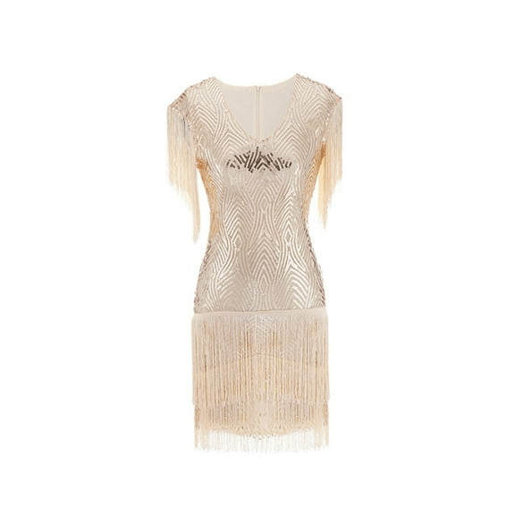 Summer Dress For Women 1920s Vintage Flapper Great Gatsby Fringe Beaded Dresses Prom Cocktail Prom Sequin Tassels Size S-3XL,Apricot,L