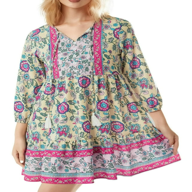 Femmes Boho Mini Robe Florale Lanterne Manches V-Cou Bouton Robe Volant Plage Vacances d'Été Robe
