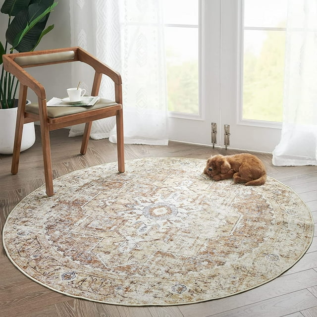JINCHAN Round Rug 4ft Washable Area Rug Vintage Indoor Floor Cover Print Distressed Brick Red Multi Circle Carpet 4' Round Chenille Accent Mat Kitchen Living Room Bedroom Dining Room