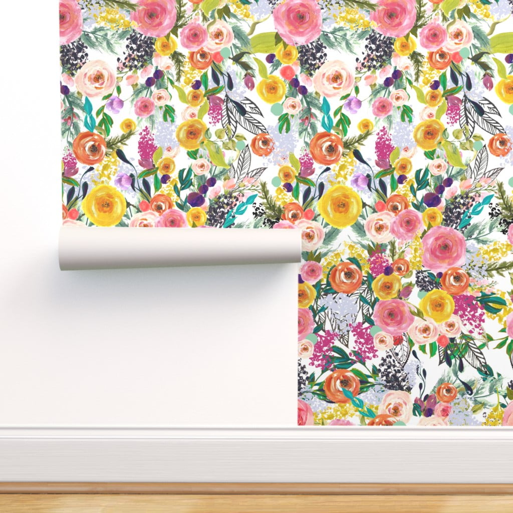 Removable Water-Activated Wallpaper Flowers Retro Flower Floral Bold Tropical 