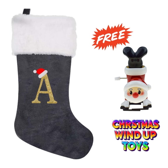 Kabnic Christmas Stockings with Initials, Monogrammed Christmas Stockings with Letters Soft Plush Velvet Large Gray Stockings New Year Family Decor A