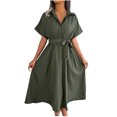 thumbnail image 2 of Women's Casual V-Neck Loose Tie Up Shirt Dress Solid Color Polyester Comfortable Summer Spring Daily Wear Home Office Party Flowy Tunic Top, 2 of 9